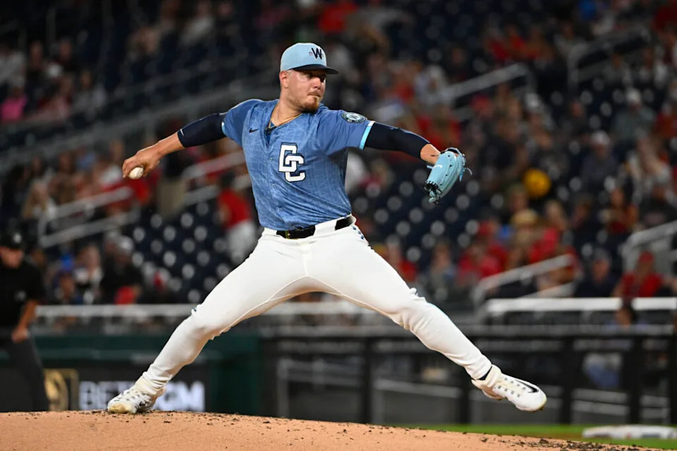 Sep 26, 2025; Washington, District of Columbia, USA; Washington Nationals starting pitcher Cade Cavalli (24) throws to the Chicago White Sox dduring the second inning at Nationals Park. Mandatory Credit: Brad Mills-Imagn Images