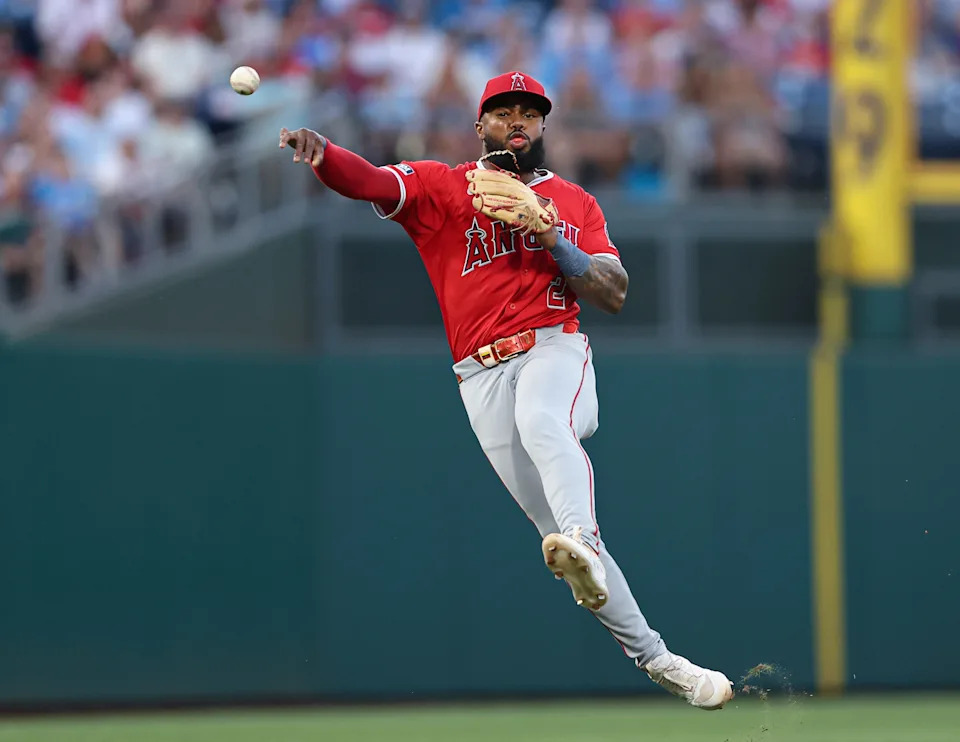 Jul 18, 2025; Philadelphia, Pennsylvania, USA; Los Angeles Angels third base Luis Rengifo (2) throws to first for an out to end the fourth inning against the Philadelphia Phillies at Citizens Bank Park. Mandatory Credit: Bill Streicher-Imagn Images