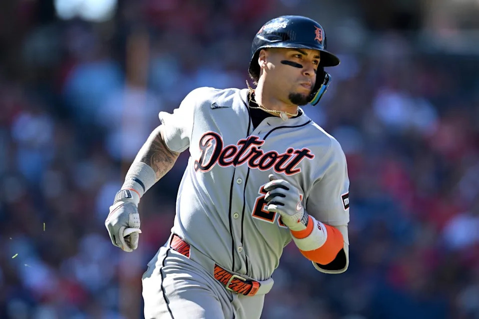 Javier Báez of the Detroit Tigers runs to first base after hitting a single in the fifth inning against the Cleveland Guardians during Game 1 of the American League Wild Card Series at Progressive Field on September 30, 2025 in Cleveland, Ohio. Getty Images