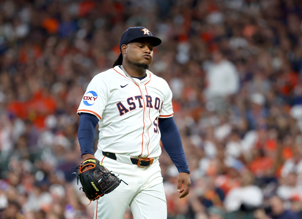 Framber Valdez of the Houston Astros reacts after ending the first inning.