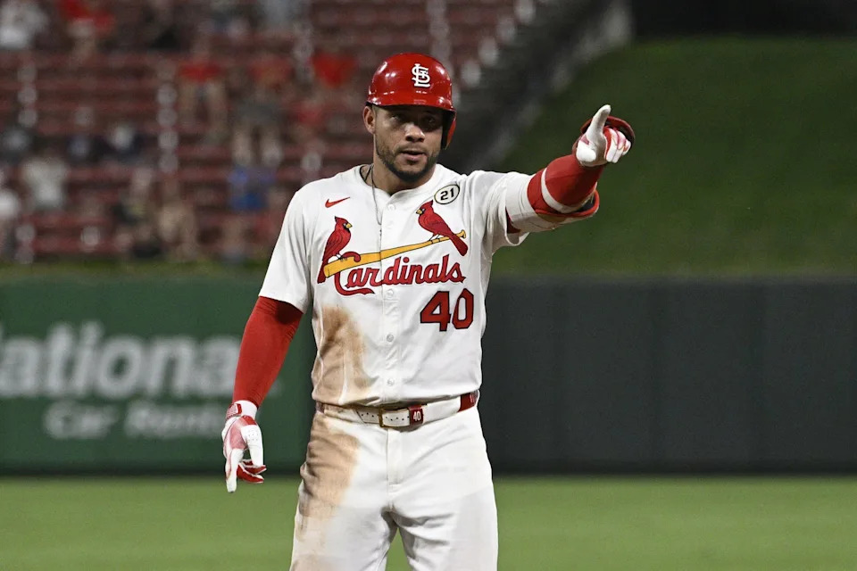 St. Louis Cardinals first baseman Willson Contreras (40) celebrates after hitting a RBI single against the Cincinnati Reds in the sixth inning at Busch Stadium in St. Louis, Missouri on Sept. 15, 2025.
