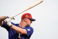 Texas Rangers third baseman Josh Jung prepares to take batting practice during a spring...