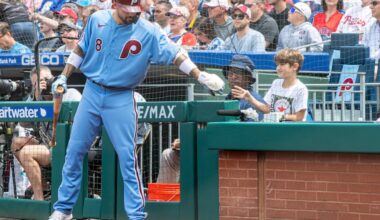 Phillies right fielder Nick Castellanos interacts with his son Liam in May 2022. Liam became a fixture during a few playoff runs.