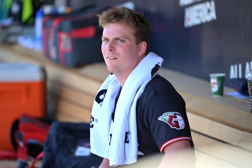 Feb 21, 2026; Phoenix, Arizona, USA; Cleveland Guardians catcher Cooper Ingle (70) looks on from the dugout against the Milwaukee Brewers at American Family Fields of Phoenix. Mandatory Credit: Jayne Kamin-Oncea-Imagn Images