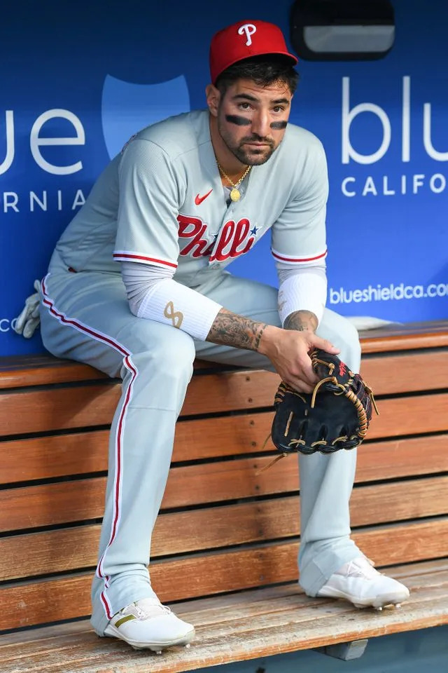 Philadelphia Phillies right fielder Nick Castellanos (8) looks on in the dugout on May 2, 2023 Brian Rothmuller/Icon Sportswire via Getty