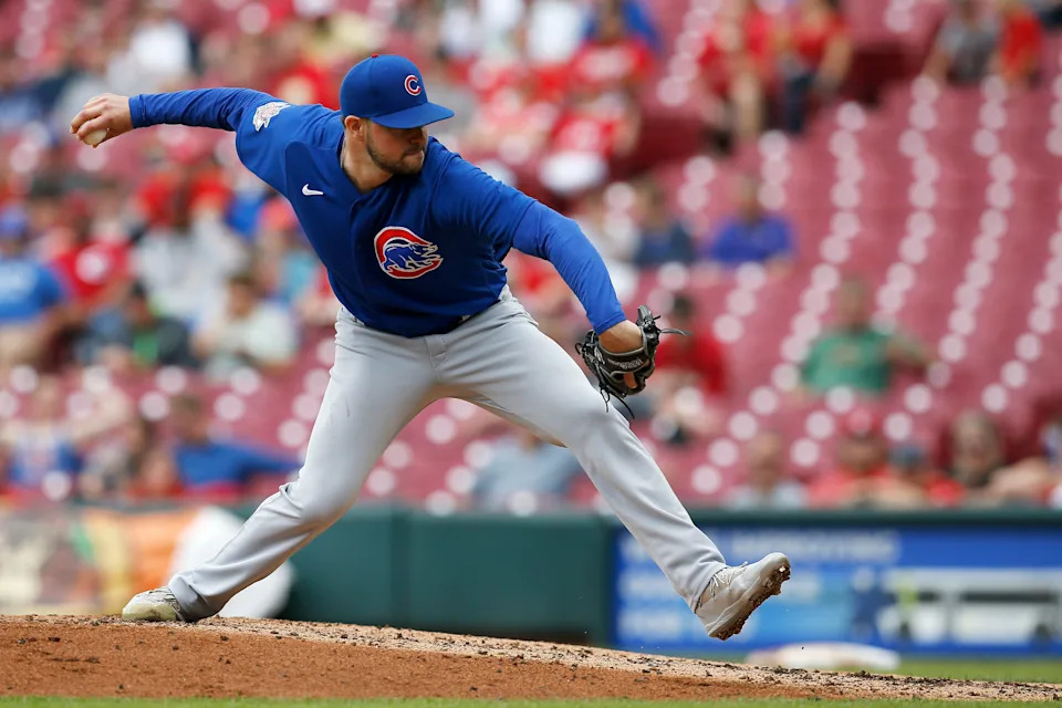 Chicago Cubs relief pitcher Scott Effross (57) throws a pitch after entering the game in the third inning of the MLB National League game between the Cincinnati Reds and the Chicago Cubs at Great American Ball Park in downtown Cincinnati on Thursday, May 26, 2022. The Reds led 10-3 after three innings. 