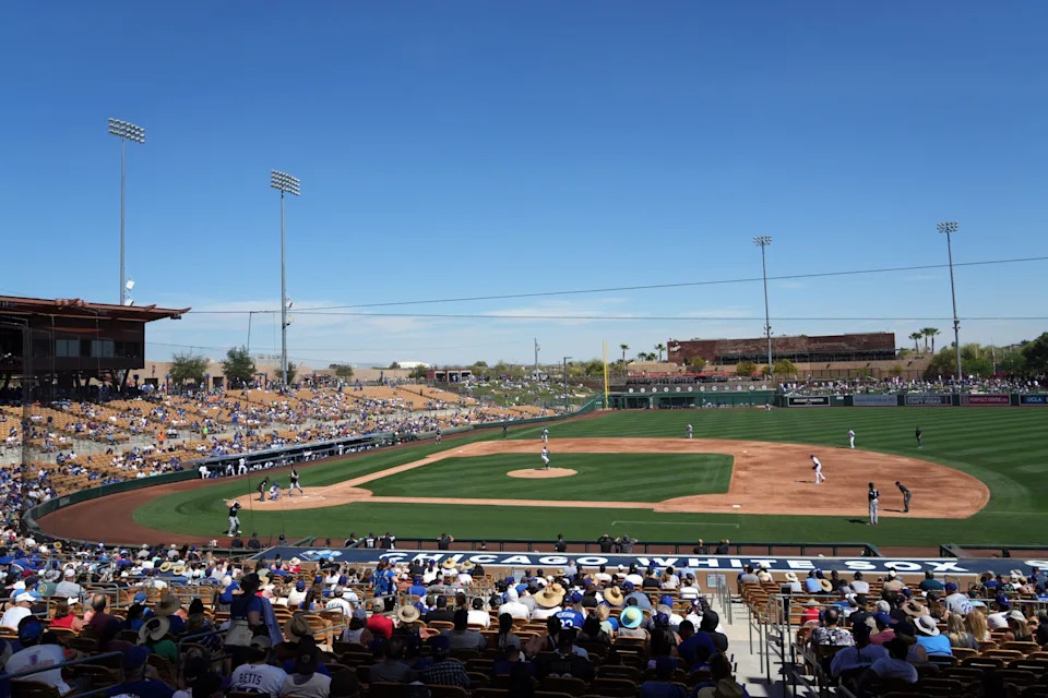 Mar 27, 2022; Phoenix, Arizona, USA; A general view of the game between the Los Angeles Dodgers and the Chicago White Sox during the second inning of a spring training game at Camelback Ranch-Glendale. Mandatory Credit: Joe Camporeale-USA TODAY Sports