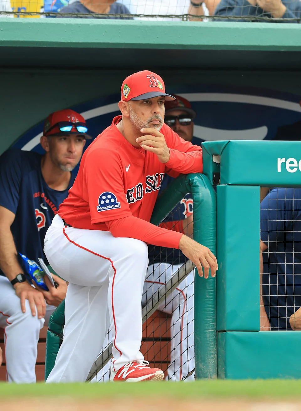 Feb 22, 2026; Fort Myers, Florida, USA; Boston Red Sox manager Alex Cora (13) looks on from the dugout during the third inning against the Toronto Blue Jays at JetBlue Park at Fenway South. (Kim Klement Neitzel/Imagn Images)