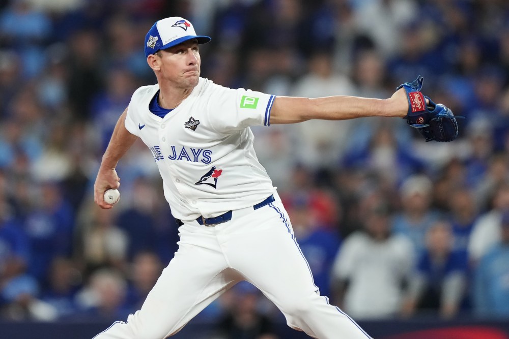 Toronto Blue Jays pitcher Chris Bassitt (40) delivers a pitch against the Los Angeles Dodgers during sixth inning Game 7 World Series playoff MLB baseball action in Toronto on Saturday, Nov. 1, 2025. THE CANADIAN PRESS/Nathan Denette