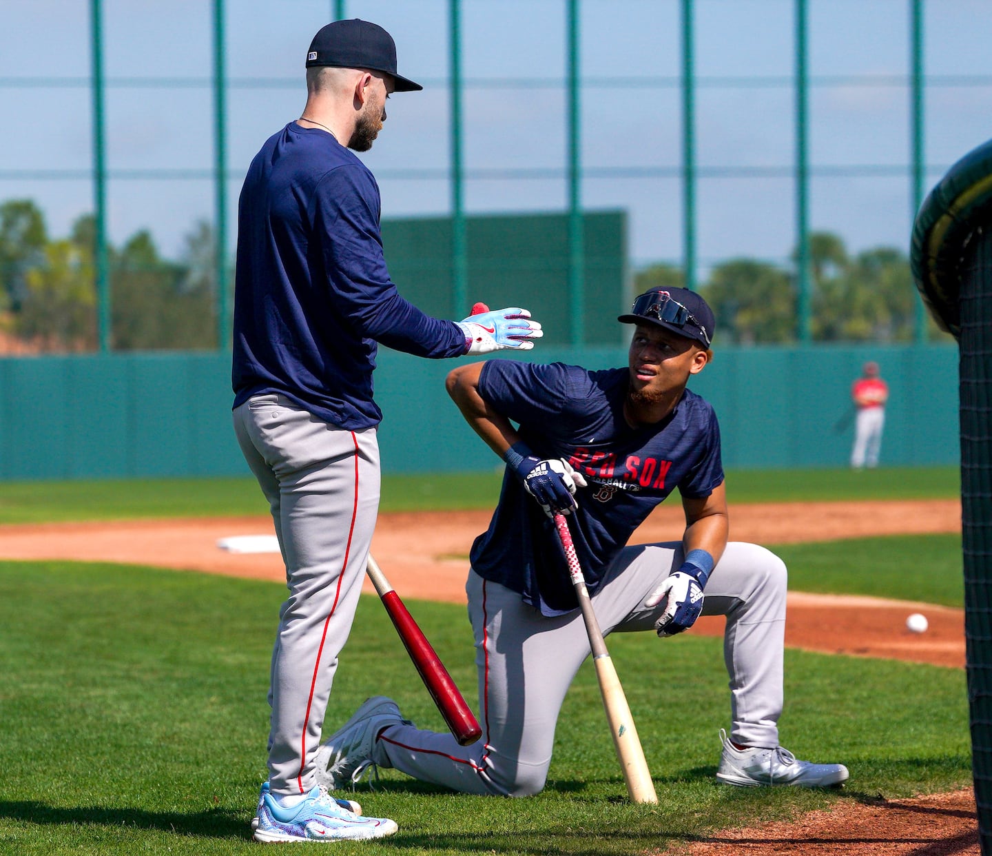 Kristian Campbell said what made his first spring training with the Red Sox last year was getting to know his teammates. This year, he feels more comfortable chatting with veterans such as shortstop Trevor Story (left).
