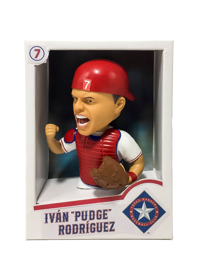 Texas Rangers' Pudge Rodriguez baseball card bobblehead giveaway.
