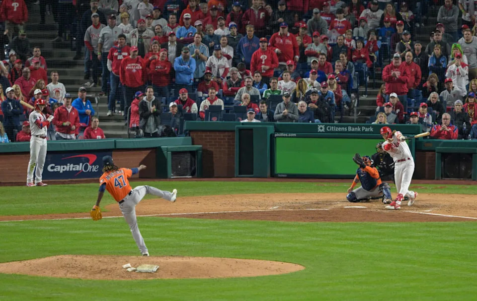 Nov 2, 2022; Philadelphia, Pennsylvania, USA; Houston Astros relief pitcher Rafael Montero (47) strikes out Philadelphia Phillies third baseman Alec Bohm (28) during the eighth inning in game four of the 2022 World Series at Citizens Bank Park. Mandatory Credit: John Geliebter-USA TODAY Sports