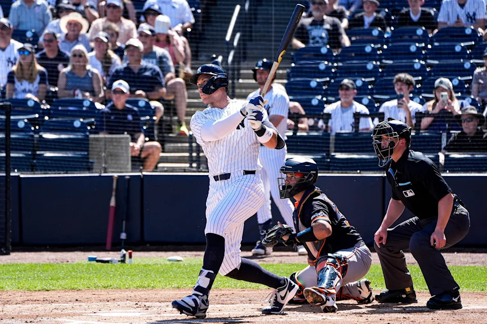New York Yankees right fielder Aaron Judge (99) bats against Detroit Tigers during the first inning at George M. Steinbrenner Field in Tampa, Fla. on Saturday, Feb. 21, 2026.