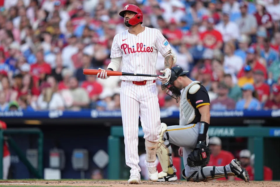 May 17, 2025; Philadelphia, Pennsylvania, USA; Philadelphia Phillies outfielder Nick Castellanos (8) looks on against the Pittsburgh Pirates in the third inning at Citizens Bank Park. Mandatory Credit: Kyle Ross-Imagn Images