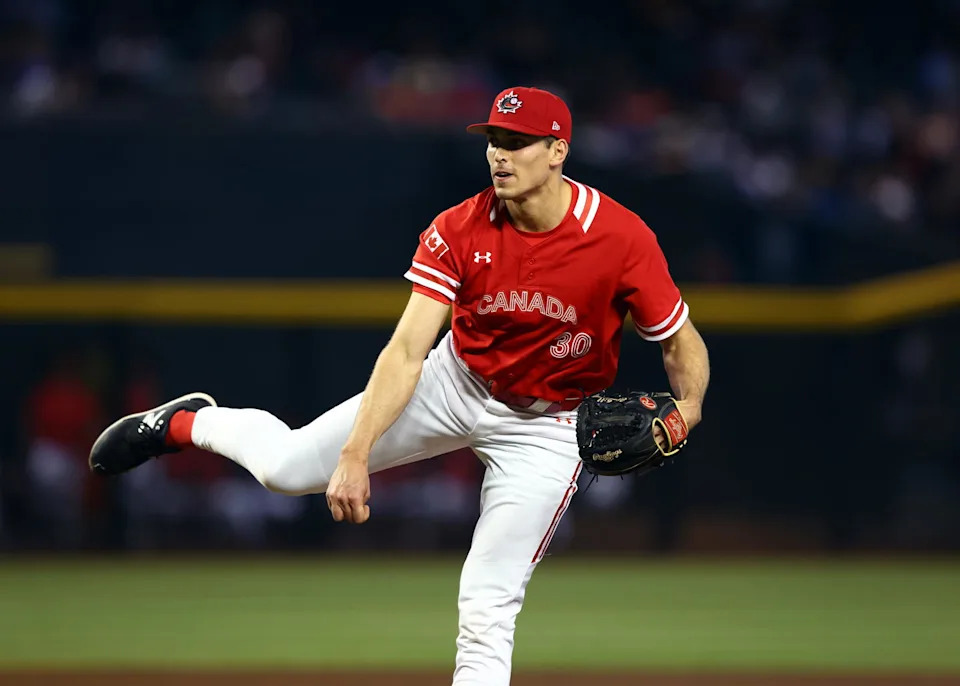 Mar 15, 2023; Phoenix, Arizona, USA; Canada pitcher Cade Smith against Mexico during the World Baseball Classic at Chase Field. Mandatory Credit: Mark J. Rebilas-USA TODAY Sports
