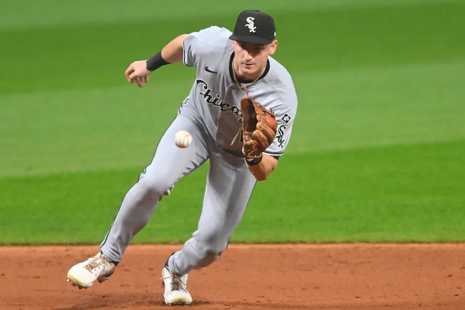 Sep 12, 2025; Cleveland, Ohio, USA; Chicago White Sox shortstop Colson Montgomery (12) fields a ground ball in the third inning against the Cleveland Guardians at Progressive Field. Mandatory Credit: David Richard-Imagn Images