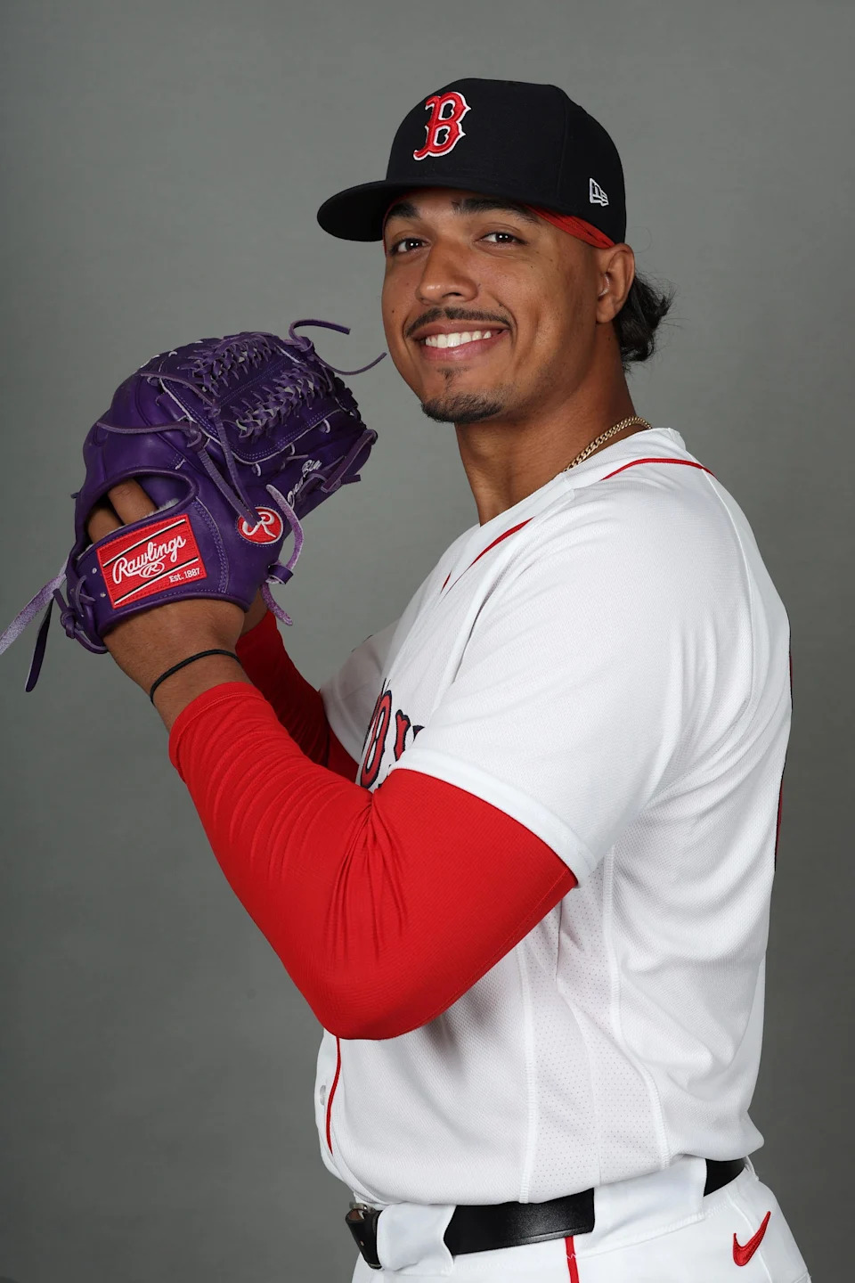 Feb 17, 2026; Lee County, FL, USA; Boston Red Sox pitcher Johan Oviedo (29) poses for a photo during media day at JetBlue Park. (Kim Klement Neitzel/Imagn Images)