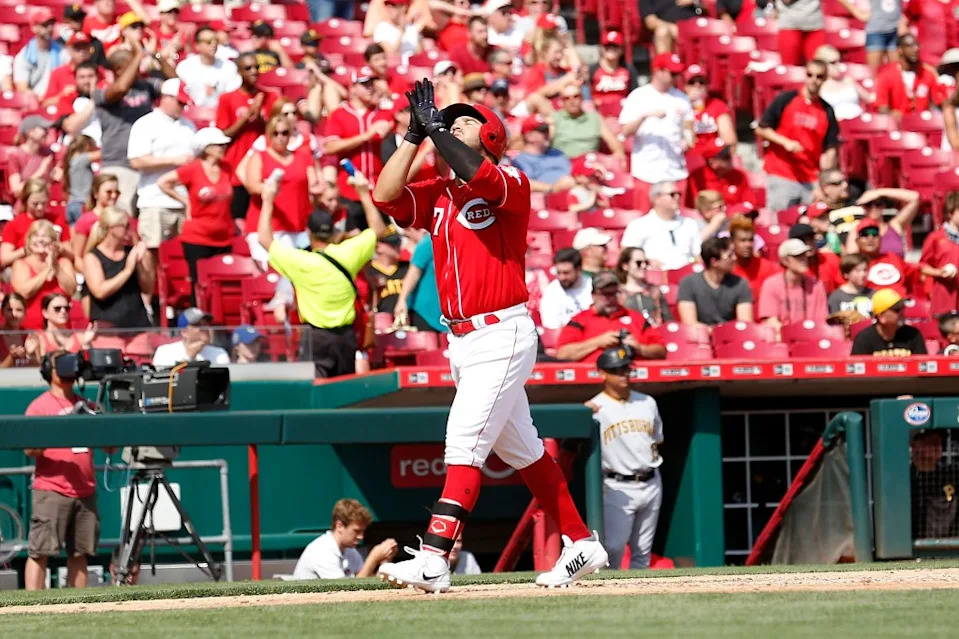 Eugenio Suarez #7 of the Cincinnati Reds celebrates after hitting a two-run home run in the sixth inning of the game against the Pittsburgh Pirates at Great American Ball Park on September 17, 2017. Getty Images