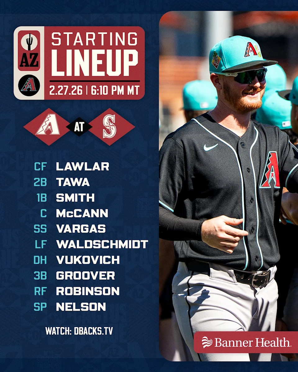Starting Lineup | 2.27.26 | 6:10 PM MT Diamondbacks at Mariners (logos) | Banner Health (logo) CF - Lawlar 2B - Tawa 1B - Smith C - McCann SS - Vargas LF - Waldschmidt DH - Vukovich 3B - Groover RF - Robinson SP - Nelson Watch: DBACKS.TV The graphic features an image of Pavin Smith smiling pregame. He is wearing a black Diamondbacks jersey, white baseball pants, and a teal Spring Training cap.