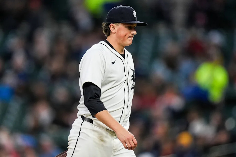 Detroit Tigers pitcher Reese Olson (45) walks off the filed after pitching the fifth inning against Kansas City Royals at Comerica Park in Detroit on Thursday, April 17, 2025.