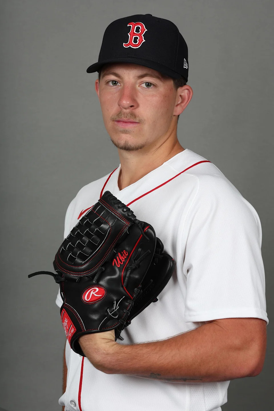 Feb 17, 2026; Lee County, FL, USA; Boston Red Sox pitcher Tyler Uberstine (79) poses for a photo during media day at JetBlue Park. (Kim Klement Neitzel/Imagn Images)