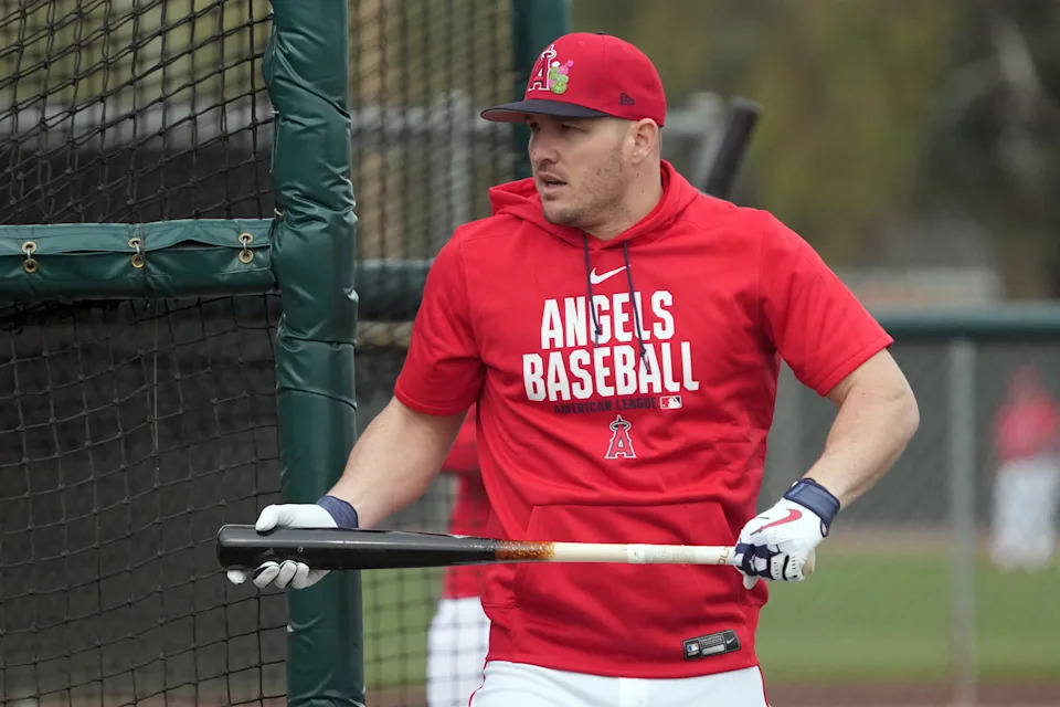 Angels right fielder Mike Trout (27) prepares to hit during spring training in Tempe, Arizona on Feb 16, 2026.