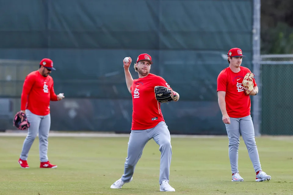 Feb 14, 2026; Jupiter, FL, USA; St. Louis Cardinals pitcher Kyle Leahy (62) plays catch during spring training at Roger Dean Chevrolet Stadium. Mandatory Credit: Sam Navarro-Imagn Images | Sam Navarro-Imagn Images