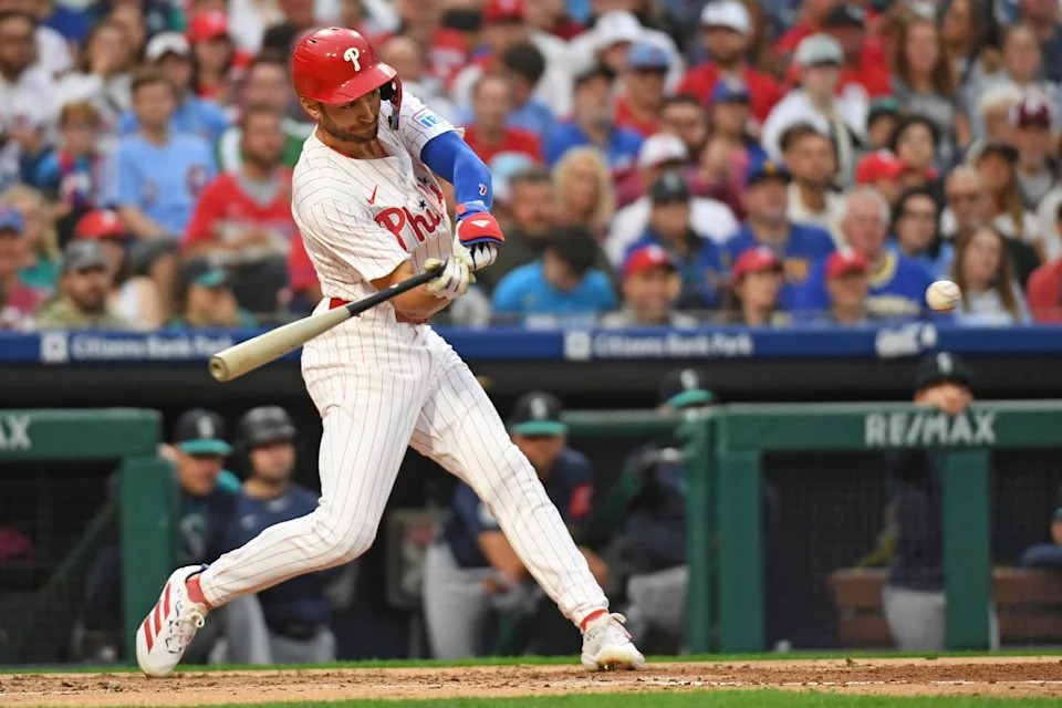 Aug 18, 2025; Philadelphia, Pennsylvania, USA; Philadelphia Phillies shortstop Trea Turner (7) hits a three-run home run during the second inning against the Seattle Mariners at Citizens Bank Park. Mandatory Credit: Eric Hartline-Imagn Images