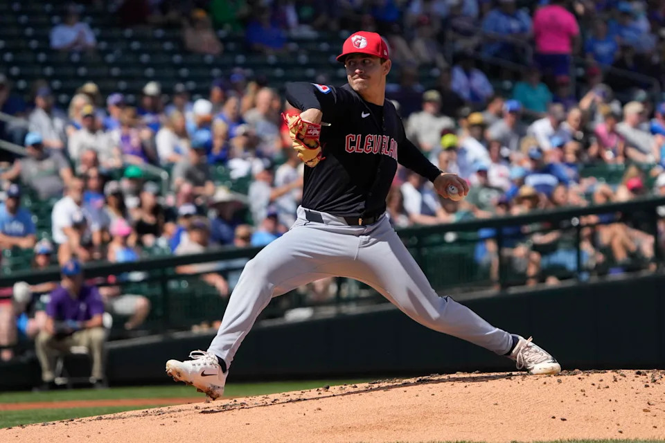 Mar 3, 2024; Mesa, Arizona, USA; Cleveland Guardians pitcher Logan Allen (41) throws against the Chicago Cubs in the first inning at Sloan Park. Mandatory Credit: Rick Scuteri-Imagn Images