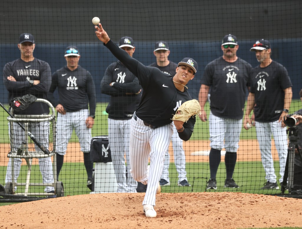 New York Yankees pitcher Carlos Lagrange #84 pitches during spring training at Steinbrenner Field.