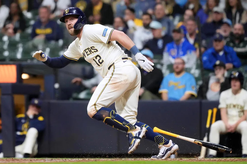 May 5, 2025; Milwaukee, Wisconsin, USA; Milwaukee Brewers first baseman Rhys Hoskins (12) during the game against the Houston Astros at American Family Field. Mandatory Credit: Jeff Hanisch-Imagn Images
