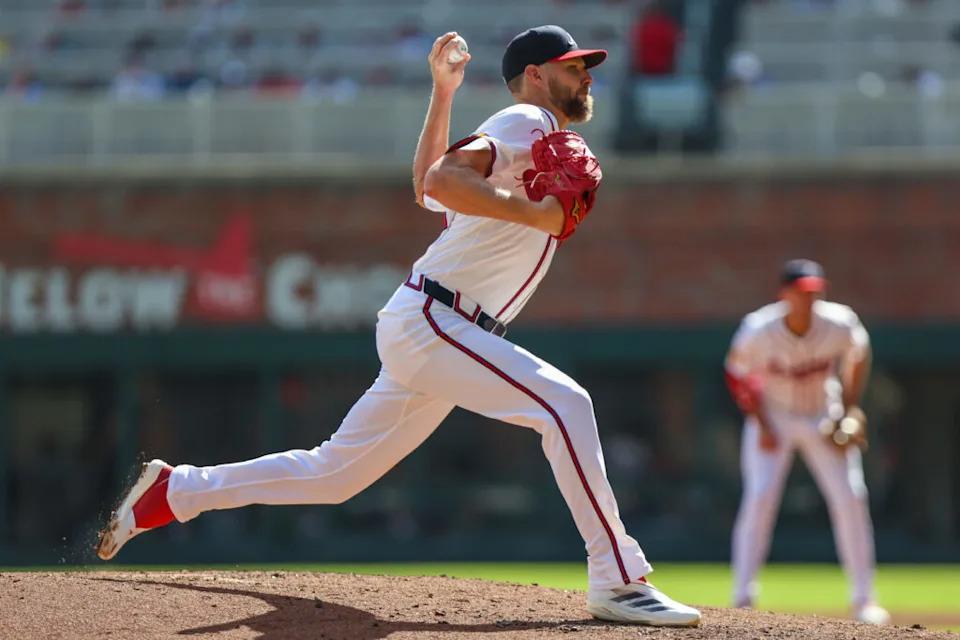Sep 28, 2025; Cumberland, Georgia, USA; Atlanta Braves pitcher Chris Sale (51) pitches the ball against the Pittsburgh Pirates during the second inning at Truist Park. Mandatory Credit: Jordan Godfree-Imagn Images