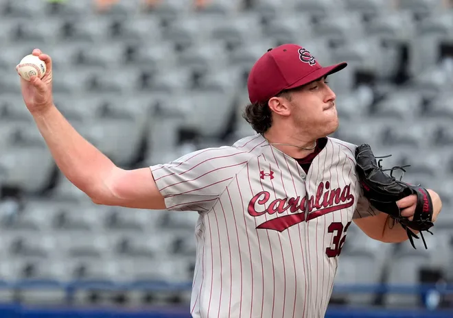 May 20, 2025; Hoover, AL, USA; South Carolina pitcher Brandon Stone (32) pitches against Florida in the first round of the SEC Baseball Tournament at the Hoover Met.
