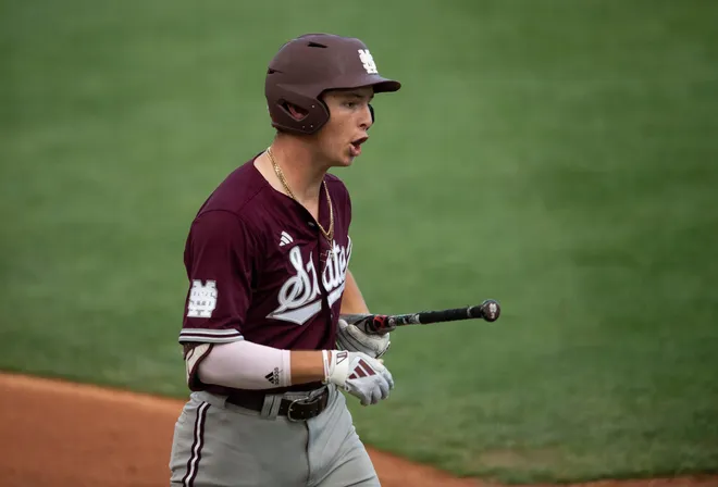 Mississippi State Bulldogs' Ace Reese (3) complains after getting stuck out as Auburn Tigers baseball takes on Mississippi State Bulldogs at Plainsman Park in Auburn, Ala., on Friday, April 25, 2025.