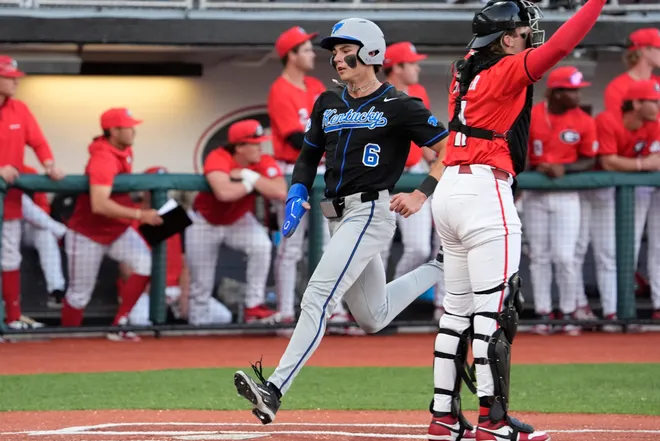 KentuckyÕs Tyler Bell (6) scores a run during a NCAA baseball game against Georgia on March 14, 2025.