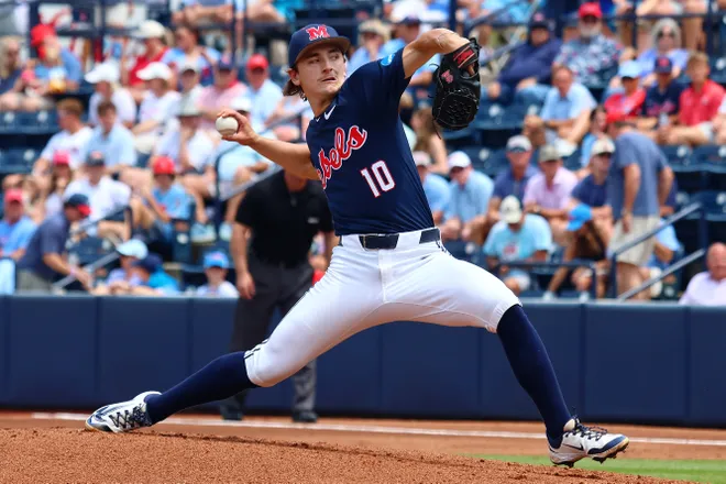 Jun 1, 2025; Oxford, MS, USA; Mississippi Rebels starting pitcher Cade Townsend (10) pitches during the first inning against the Georgia Tech Yellowjackets. Mandatory Credit: Petre Thomas-Imagn Images