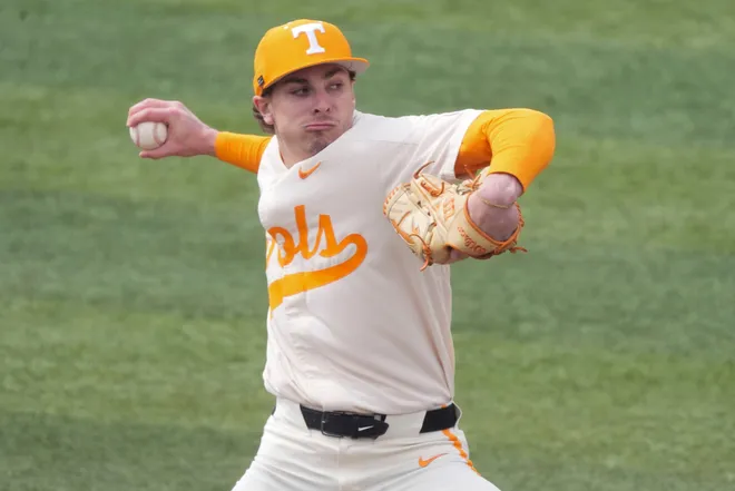 Tennessee's Tegan Kuhns (21) pitches against St. Bonaventure in an NCAA college baseball game on Sunday, March 9, 2025, in Knoxville, Tenn.