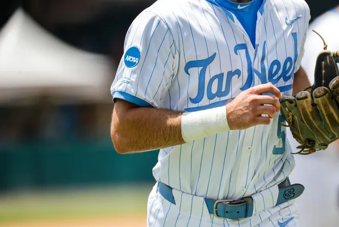 Jun 8, 2025; Chapel Hill, NC, USA; North Carolina infielder Gavin Gallaher (5) jersey during the seventh inning of the Super Regionals game against Arizona in Chapel Hill, North Carolina. Mandatory Credit: Jaylynn Nash-Imagn Images