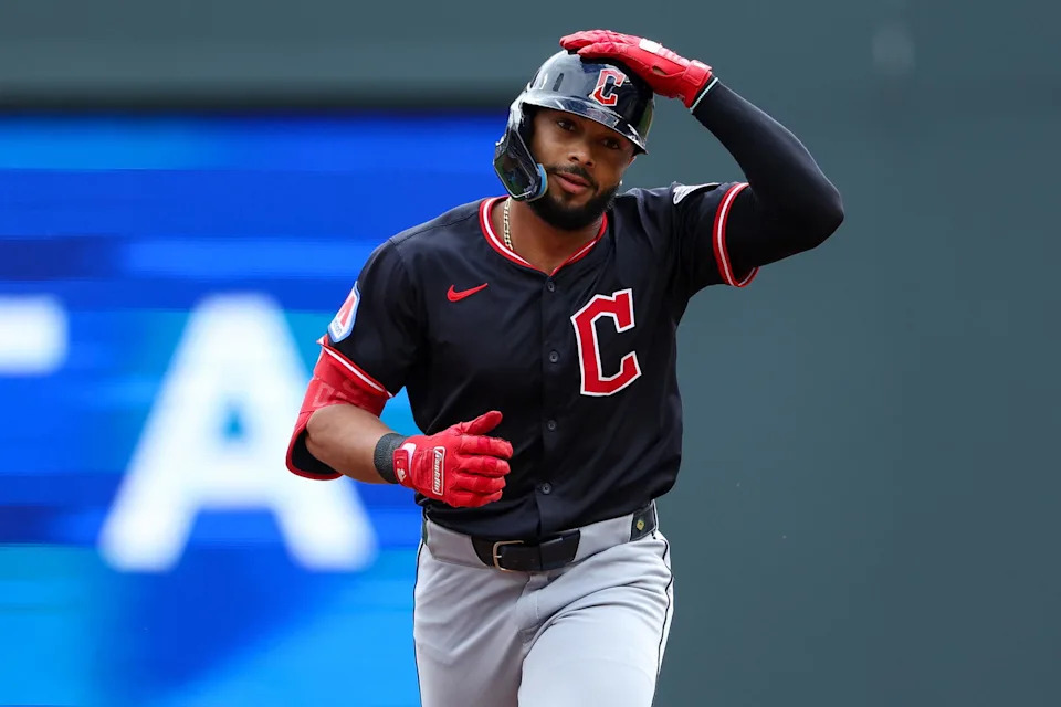 Sep 20, 2025; Minneapolis, Minnesota, USA; Cleveland Guardians right fielder George Valera (35) runs the bases after hitting a solo home run against the Minnesota Twins during the second inning of game one of a double header at Target Field. Mandatory Credit: Matt Krohn-Imagn Images