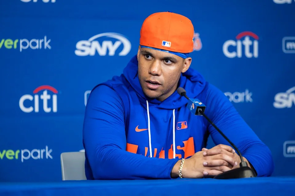 Juan Soto addresses reporters during his Feb. 15 press conference. Corey Sipkin for the NY Post
