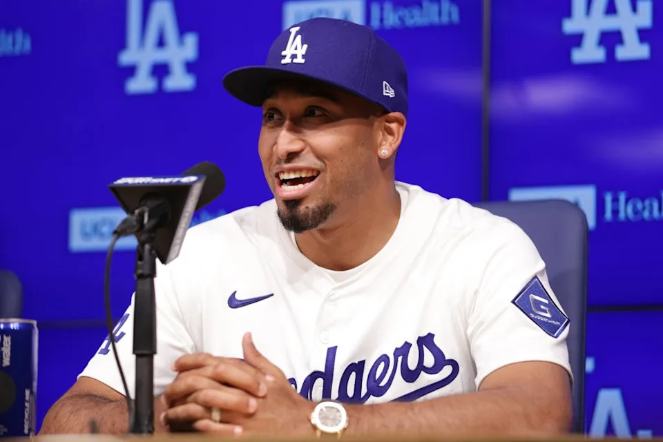 Edwin Díaz speaking at his introduction as a new member of the Los Angeles Dodgers. AP