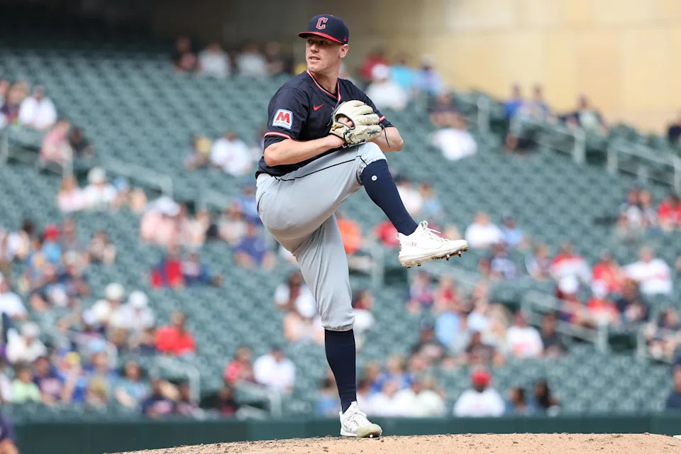 Sep 20, 2025; Minneapolis, Minnesota, USA; Cleveland Guardians pitcher Kolby Allard (49) delivers a pitch against the Minnesota Twins during the eighth inning of game one of a double header at Target Field. Mandatory Credit: Matt Krohn-Imagn Images