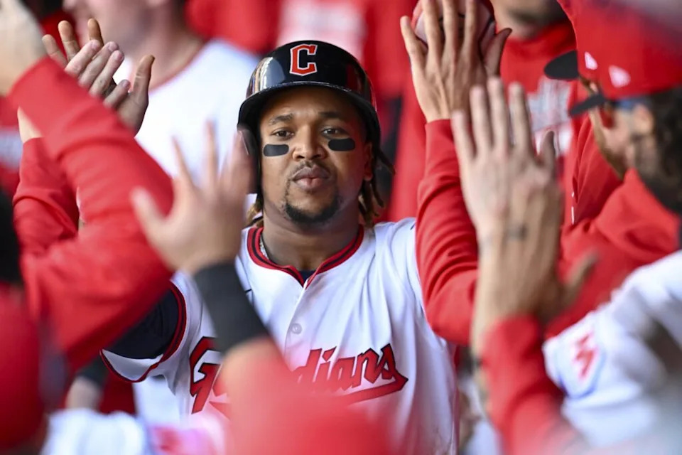 Oct 1, 2025; Cleveland, Ohio, USA; Cleveland Guardians third base José Ramírez (11) celebrates in the dugout against the Detroit Tigers in the eighth inning during game two of the Wildcard round for the 2025 MLB playoffs at Progressive Field. Mandatory Credit: Ken Blaze-Imagn Images