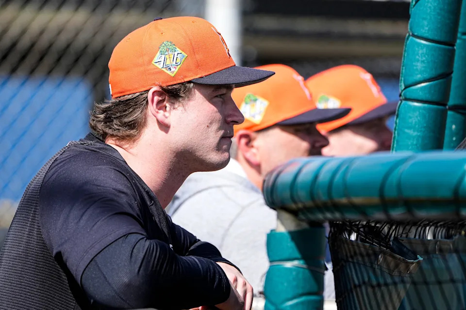 Detroit Tigers catcher Dillon Dingler watches batting practice during spring training at TigerTown in Lakeland, Fla. on Thursday, Feb. 12, 2026.