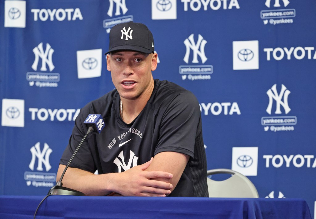 Aaron Judge speaks to reporters at Yankees spring training on Feb. 16, 2026.