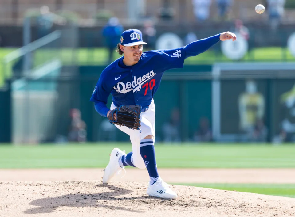Los Angeles Dodgers pitcher Justin Wrobleski against the Cleveland Guardians during a spring training game at Camelback Ranch-Glendale.