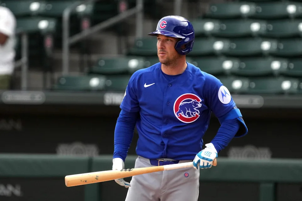 Feb 11, 2026; Mesa, AZ, USA; Chicago Cubs Alex Bregman (3) hits live batting practice during spring training camp at Sloan Park. (Rick Scuteri/Imagn Images)