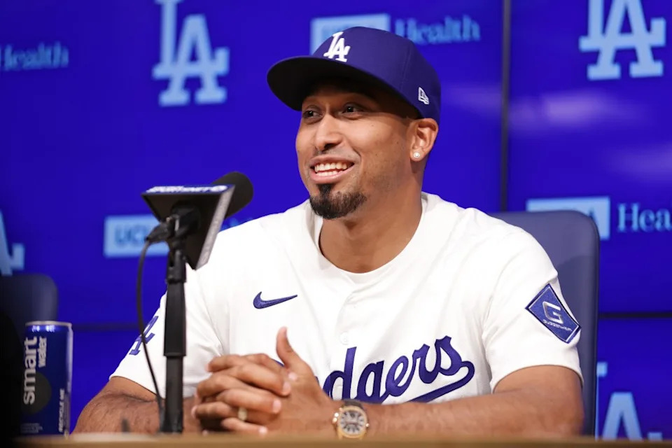 Edwin Díaz speaks during his introduction as a new member of the Los Angeles Dodgers baseball team Friday, Dec. 12, 2025, in Los Angeles. (AP Photo/Ethan Swope) AP