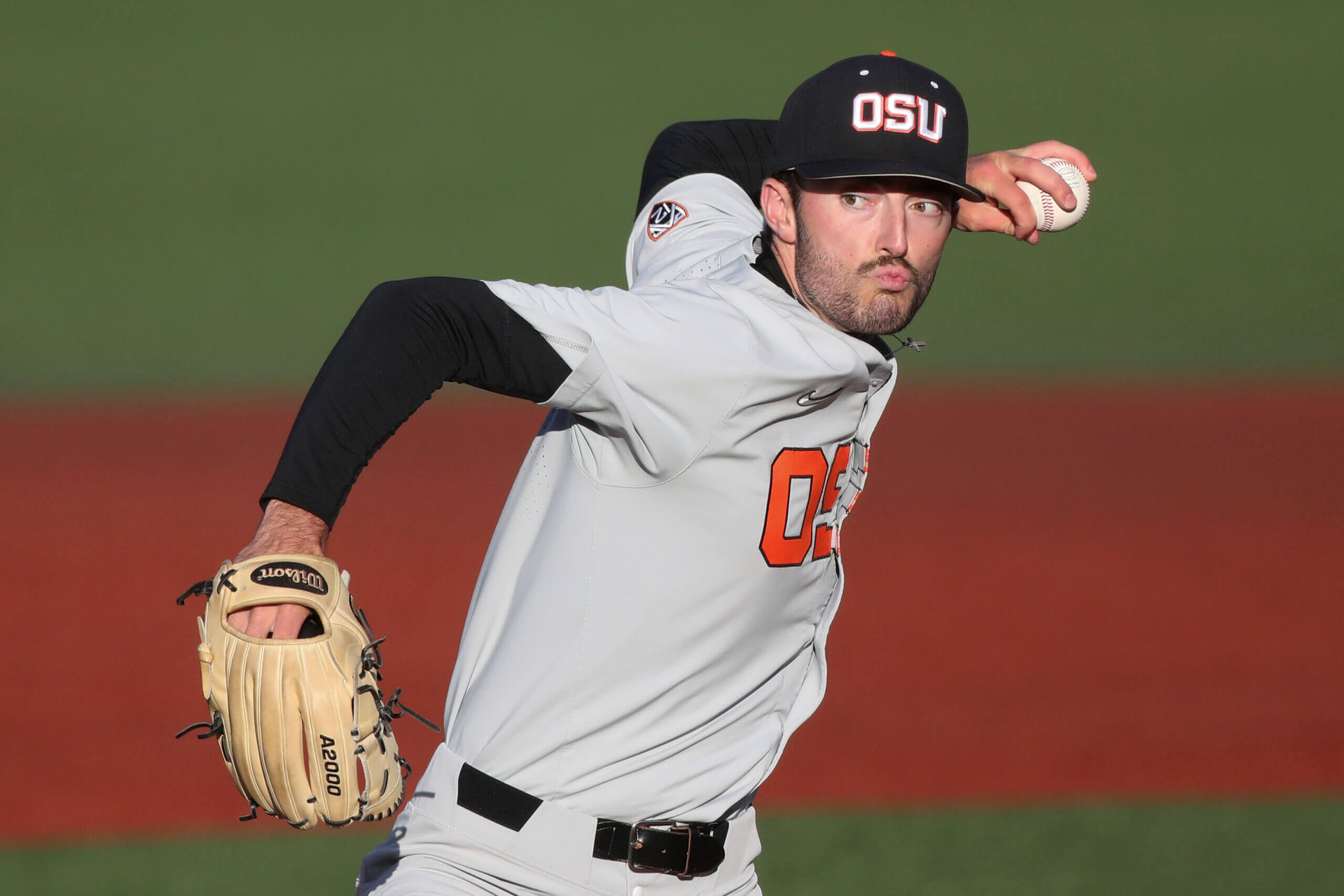 Oregon State pitcher Cooper Hjerpe pitches against Auburn during an NCAA college baseball tournament super regional game on Sunday, June 12, 2022, in Corvallis, Ore. Oregon State won 4-3.