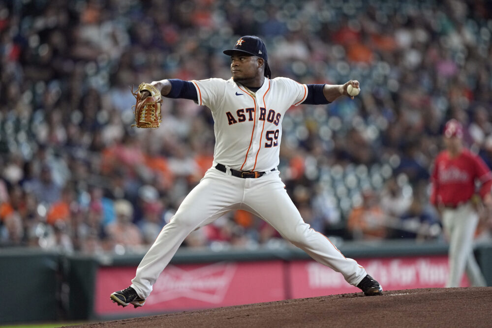 Houston Astros starting pitcher Framber Valdez throws against the Philadelphia Phillies during the first inning of a baseball game Wednesday, Oct. 5, 2022, in Houston. 